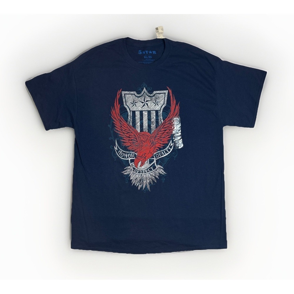 5 Star Mens Graphic Print Eagle T-shirt Navy Blue Short Sleeve Cotton Size XL